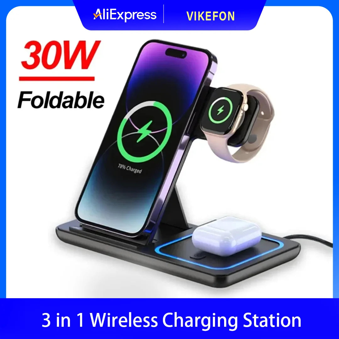 30W 3 in 1 Fast Wireless Charger Stand Foldable Charging Station For iPhone 15 14 13 12 11 Apple Watch Airpods Pro iWatch 8 7 6