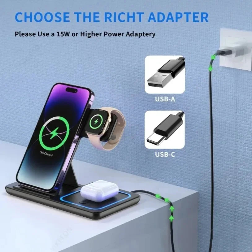 30W 3 in 1 Fast Wireless Charger Stand Foldable Charging Station For iPhone 15 14 13 12 11 Apple Watch Airpods Pro iWatch 8 7 6