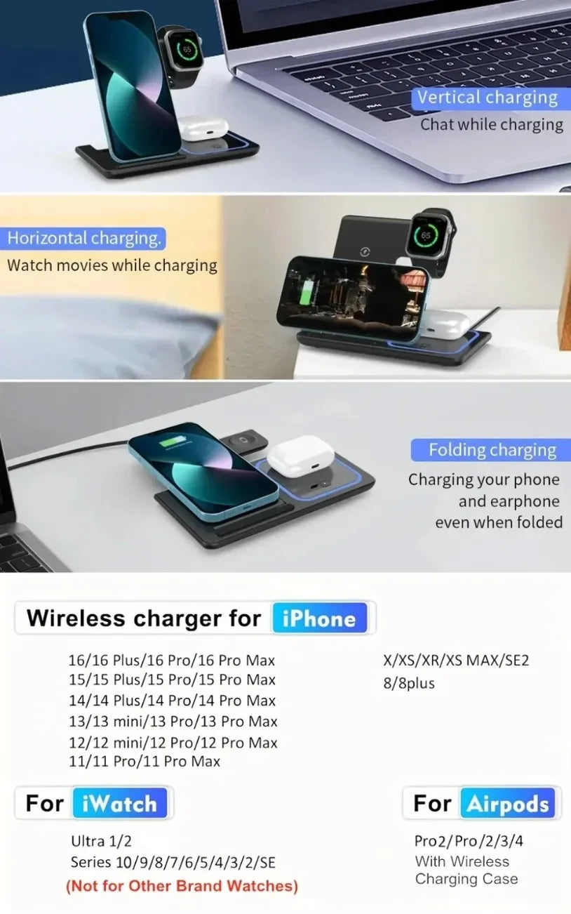 30W 3 in 1 Fast Wireless Charger Stand Foldable Charging Station For iPhone 15 14 13 12 11 Apple Watch Airpods Pro iWatch 8 7 6