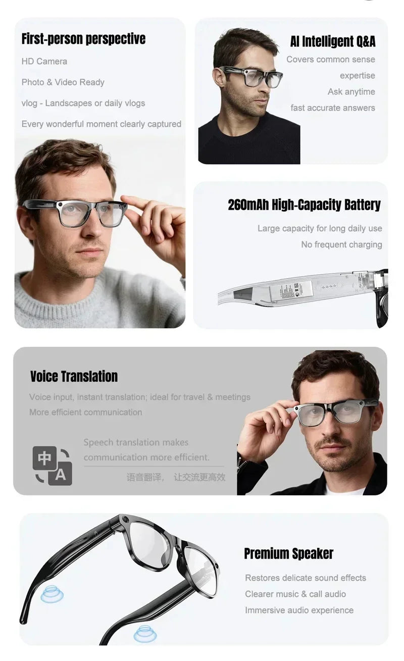 Lenovo 4K HD AI Smart Glasses Photochromic Glasses Multifunctional Camera Bluetooth Call Voice Assistant Music Player Translate