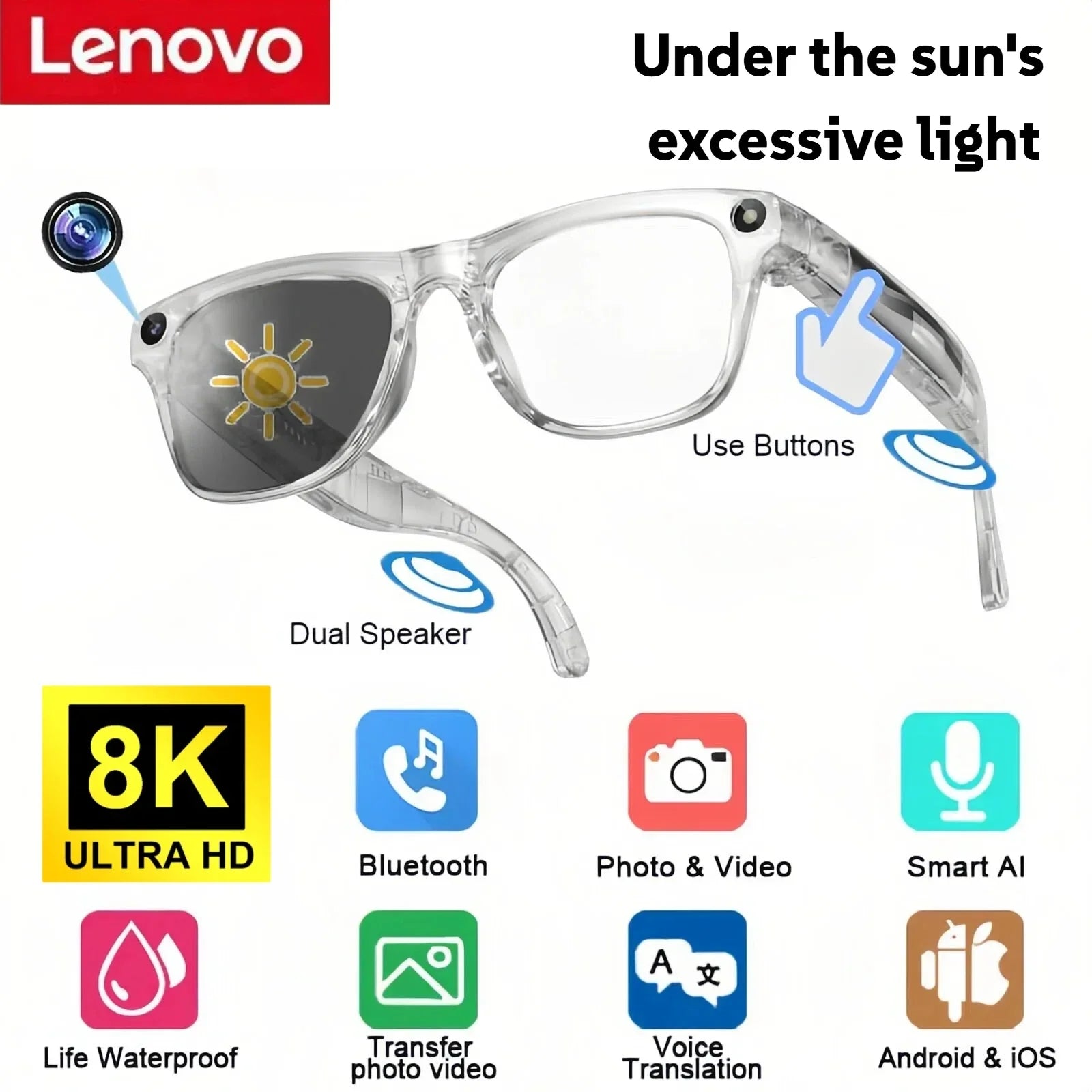 Lenovo 4K HD AI Smart Glasses Photochromic Glasses Multifunctional Camera Bluetooth Call Voice Assistant Music Player Translate