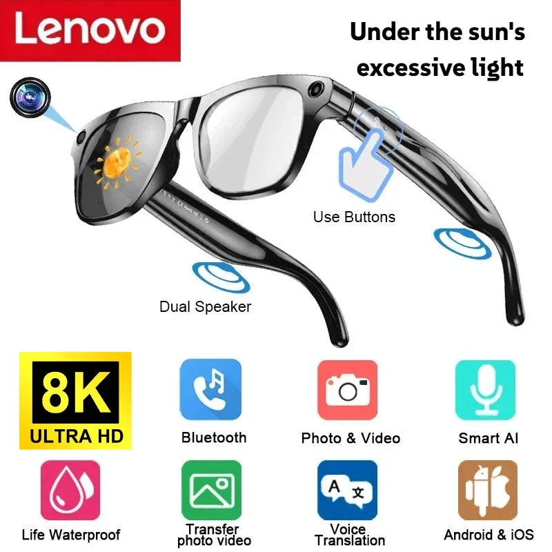 Lenovo 4K HD AI Smart Glasses Photochromic Glasses Multifunctional Camera Bluetooth Call Voice Assistant Music Player Translate