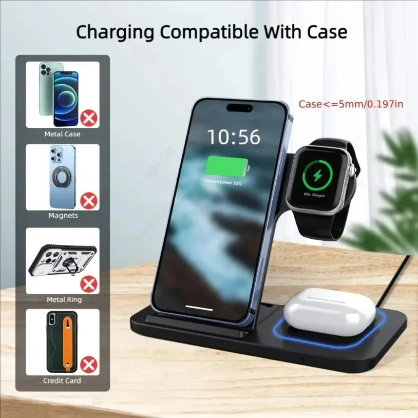 30W 3 in 1 Fast Wireless Charger Stand Foldable Charging Station For iPhone 15 14 13 12 11 Apple Watch Airpods Pro iWatch 8 7 6